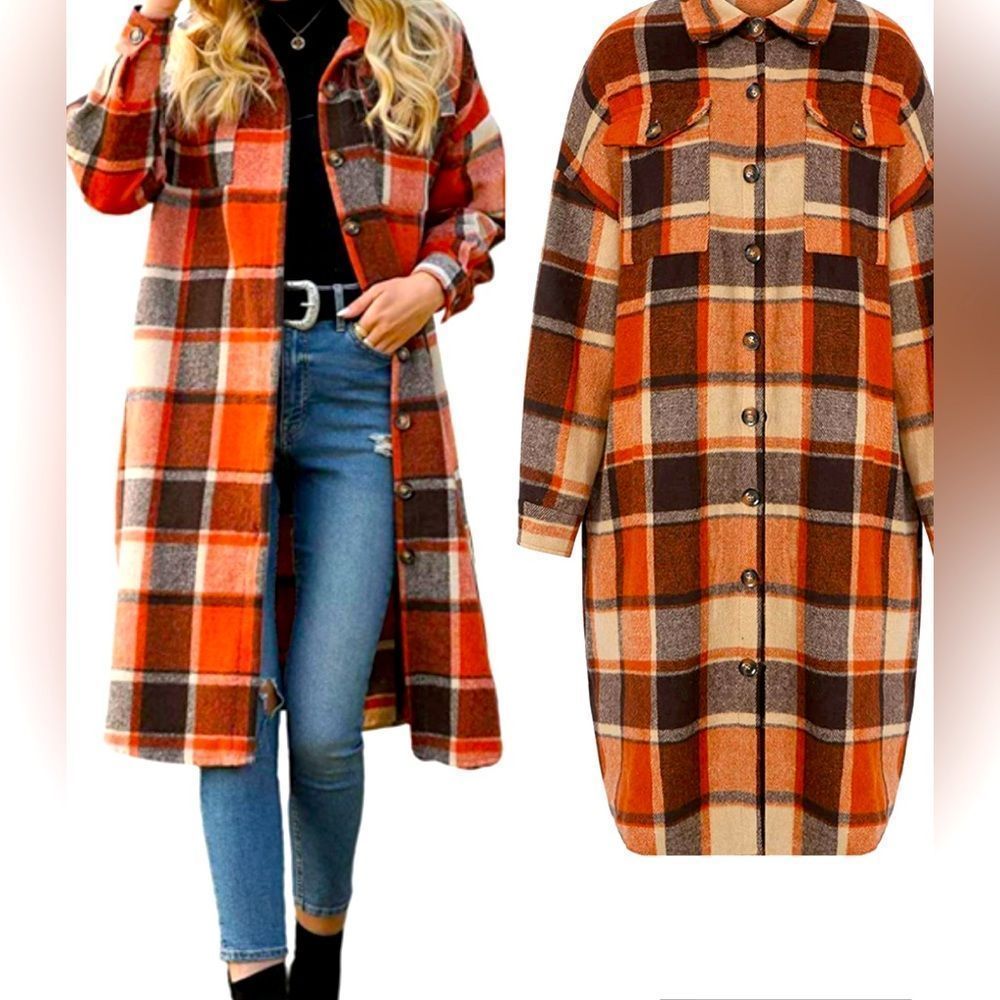 WOMENS Casual Flannel Button Down Long Sleeve Plaid Trench SHACKET size L